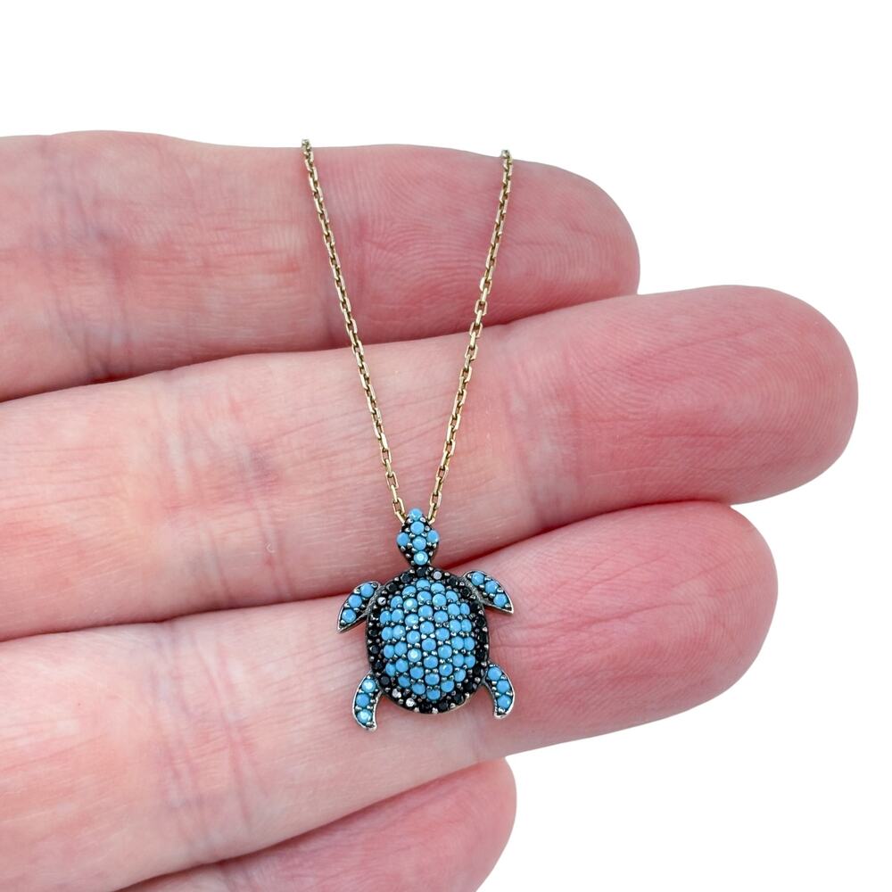 Vintage Gold-Tone Sterling Silver 925 Blue Black Crystal Turtle Necklace 16"-18"